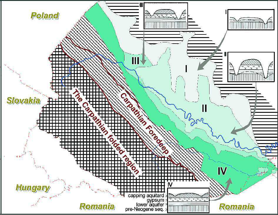 Зоны развития различных типов карста в неогеновых карбонатно-сульфатных отложениях в пределах юго-западной окраины Восточно-Европейской платформы